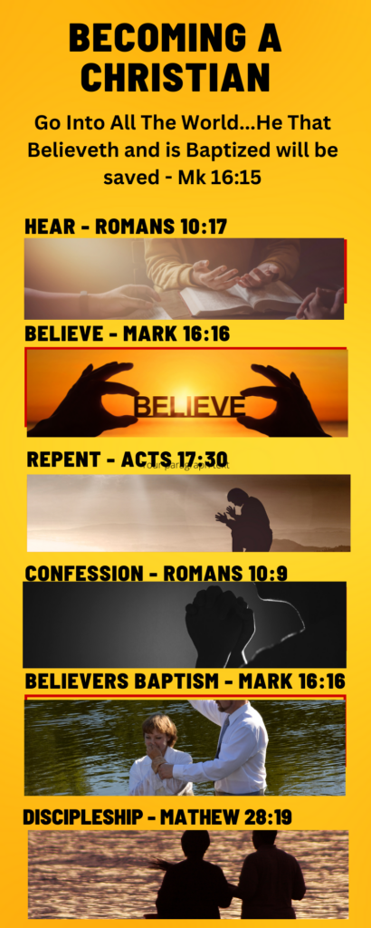 How to be saved according to the Bible    In order to understand how to be saved, we first need to understand what salvation is. Salvation is when God forgives our sins and gives us eternal life. It's a free gift from God that we can't earn on our own. So how do we receive this gift? The Bible tells us that there are six steps: hearing, believing, repenting, confessing, repenting again, and believers baptism. Let's break each one of these down.     Hearing - The first step is hearing the gospel. The gospel is the good news that Jesus died on the cross for our sins and rose again. This news must be heard in order for us to believe it.     Believing - Once we hear the gospel, we must believe it. This means that we trust that Jesus is who He says He is and that He can save us from our sins.     Repenting - Once we believe the gospel, we must repent of our sins. This means that we turn away from our sin and start living for God.     Confessing - After we repent of our sins, we need to confess them to God. This means that we tell God all of the sinful things we have done and ask Him for forgiveness.     Believers Baptism - The final step is believers baptism. This is when a person who has already believed and repented is baptized in water as an outward sign of their inward decision to follow Christ. Baptism doesn't save us, but it's an important step of obedience for every Christian.     Discipling others -  Finally, once we have received salvation through these steps, it's important that we continue to grow in our faith and share the gospel with others so they too can be saved.      These are the six steps required for salvation according to the Bible: hearing, believing, repenting, confessing, repenting again, and believers baptism. If you have never done these things or if you're not sure if you've done them correctly, I encourage you to talk to a pastor or other Christian friend who can help guide you through these steps. Salvation is a free gift from God, but it's one that we need to take intentional steps to receive. Don't wait another day - start your journey towards salvation today!